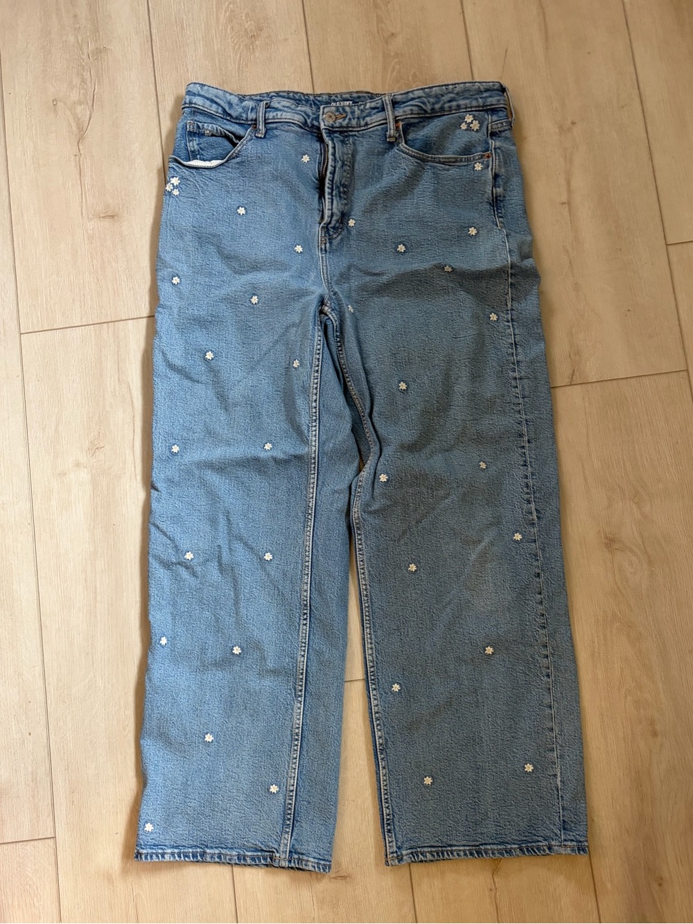 Old Navy Light Blue Daisy Embroidered High-Rise Wide-Leg Jeans